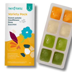Start Solids for $45 - Tiny Turtle Variety Pack with purees of sweet potato, cauliflower, peas, and zucchini.