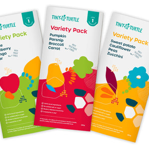 Three 'Tiny Turtle' variety pack product packages on a white background