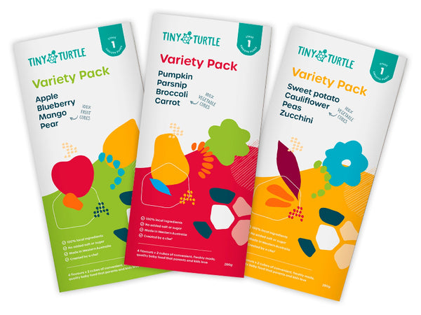 Three 'Tiny Turtle' variety pack product packages on a white background
