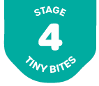 Stage 4 Tiny Bites label on a green background