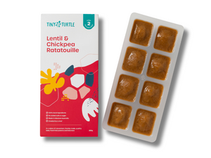 Stage 2 Lentil and Chickpea Ratatouille baby food by Tiny Turtle, featuring 8 frozen puree cubes in tray next to product packaging.