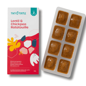 Stage 2 Lentil and Chickpea Ratatouille baby food by Tiny Turtle, featuring 8 frozen puree cubes in tray next to product packaging.