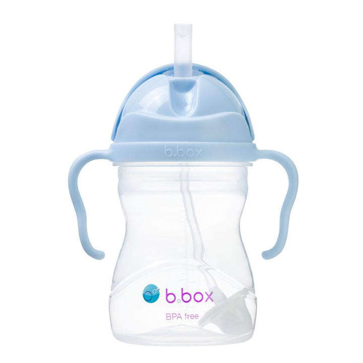 B.Box Sippy Cup with easy-grip handles and flip-top lid, featuring a weighted straw for 360-degree drinking, ideal for babies 6 months and up.